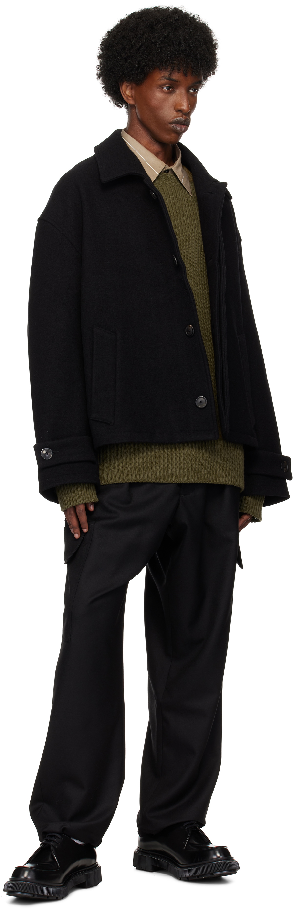 Lownn Black Wool Twill Cargo Pants