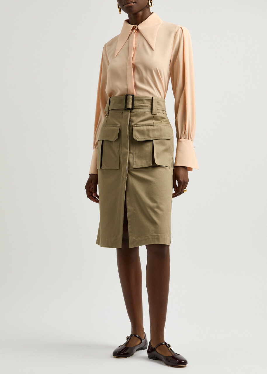 Chloe Women's Khaki Belted Cotton Cargo Midi Skirt Size 42