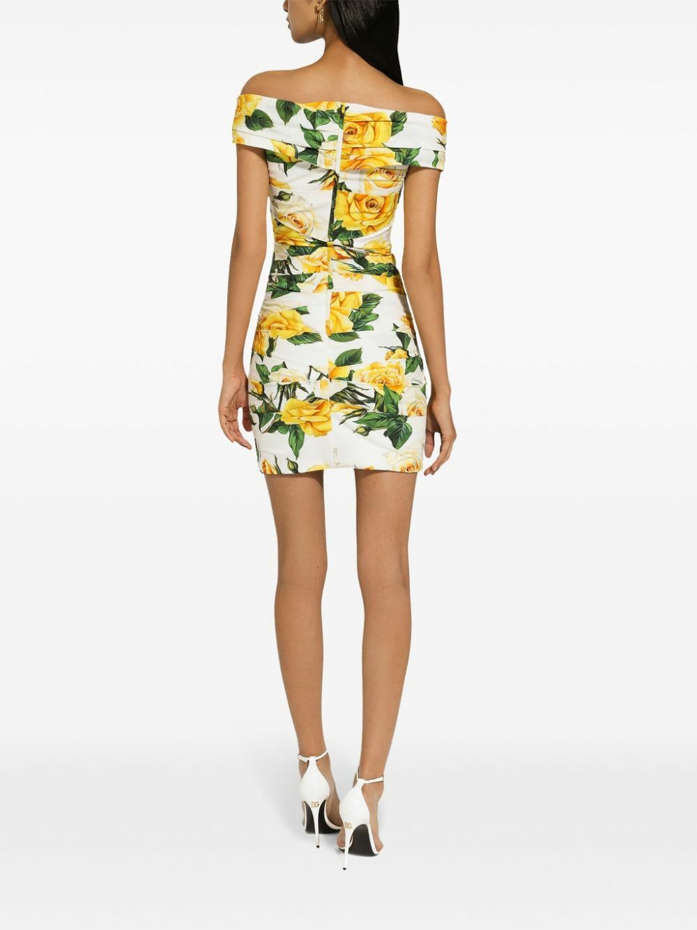 Dolce & Gabbana White Rose Print Off The Shoulder Dress