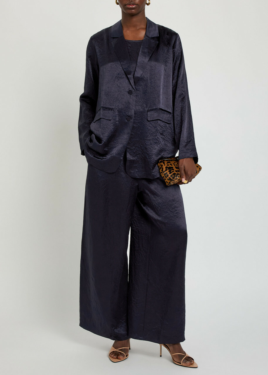 Eileen Fisher Crinkled Satin Blazer Dark Blue