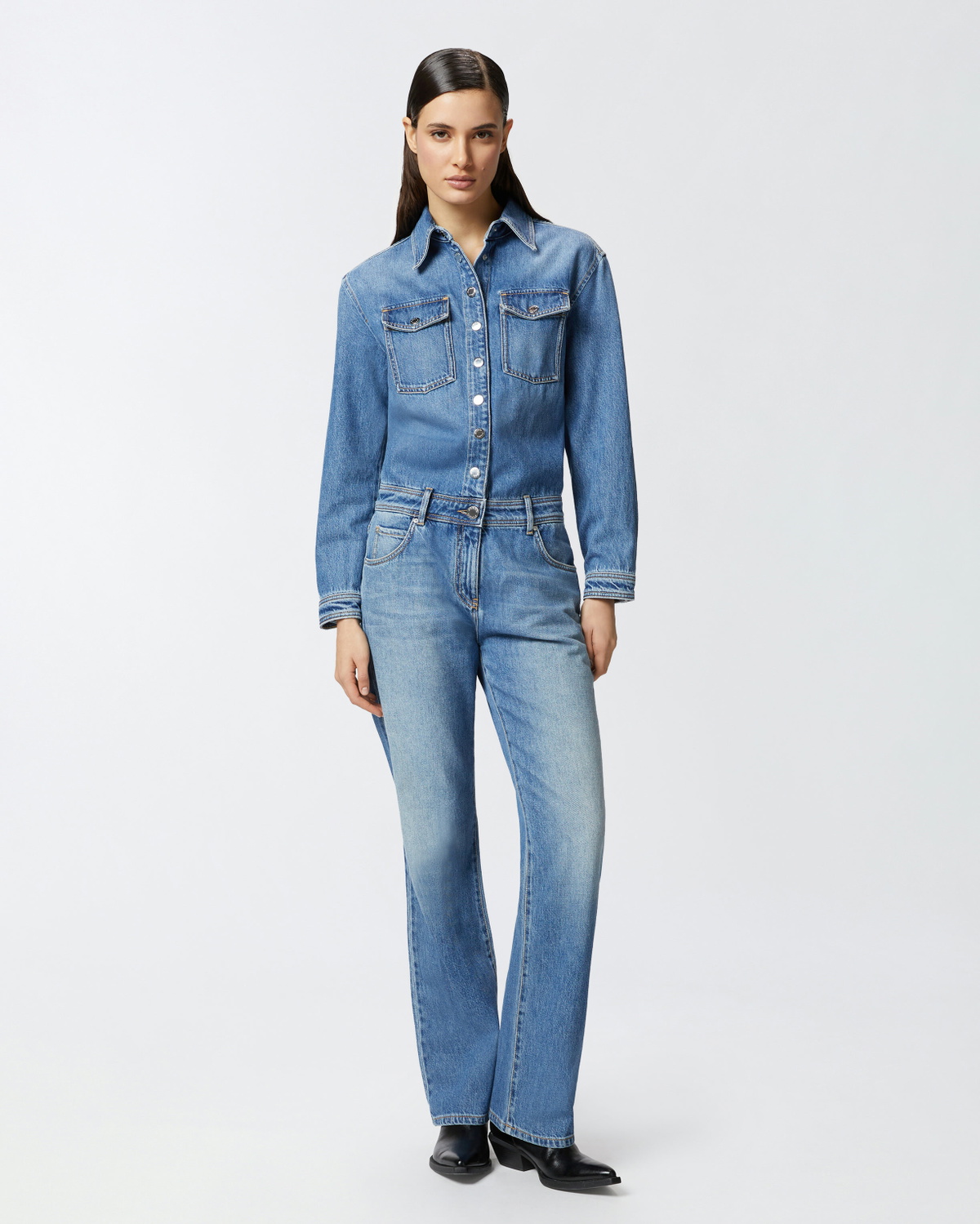 Pinko Long Denim Jumpsuit With Pockets Mid Wash