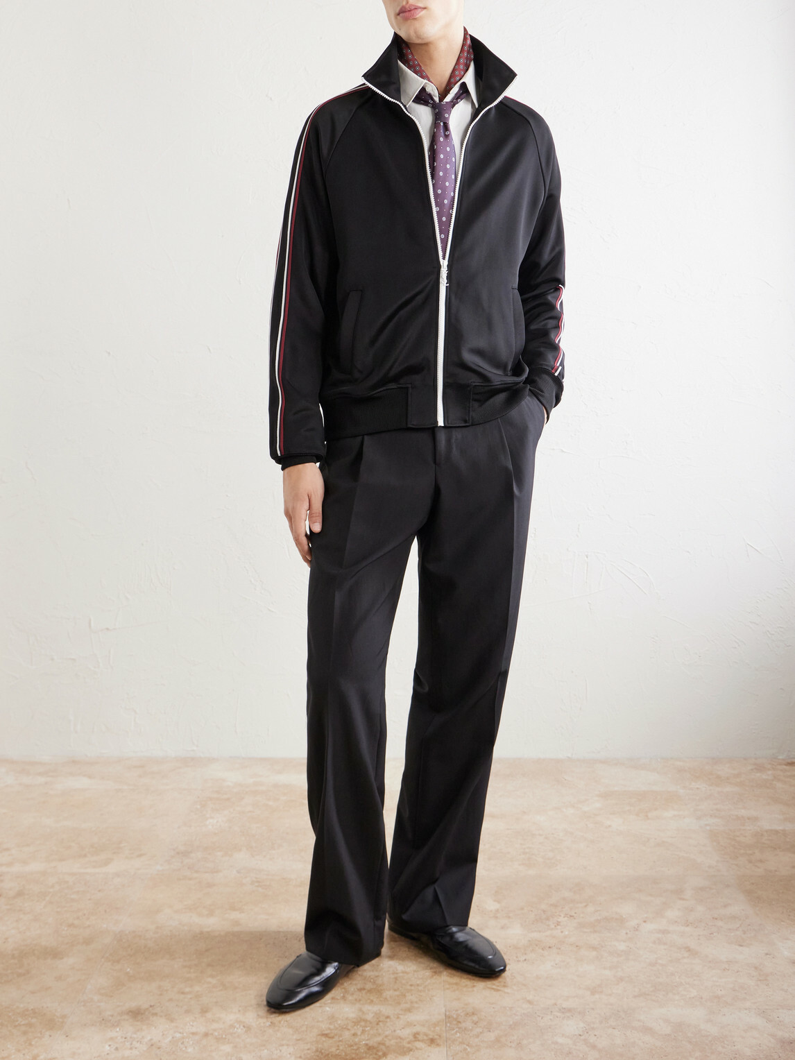 SAINT LAURENT - Logo-Detailed Striped Stretch-Jersey Zip-Up Sweatshirt - Black