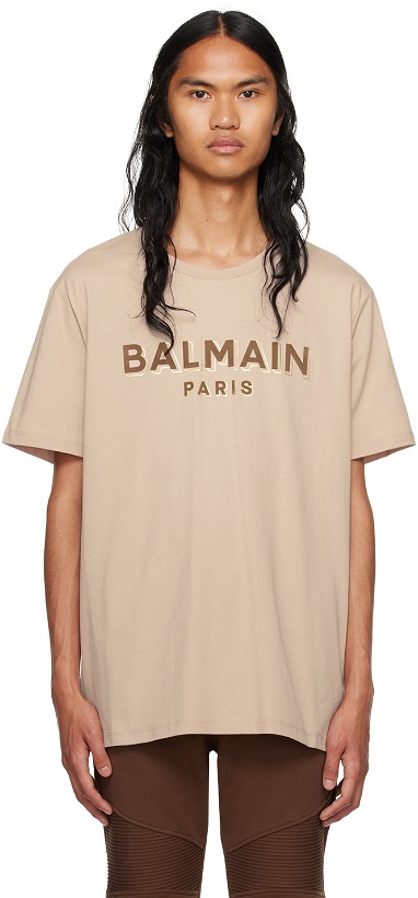 Photo: Balmain Beige Flocked T-Shirt