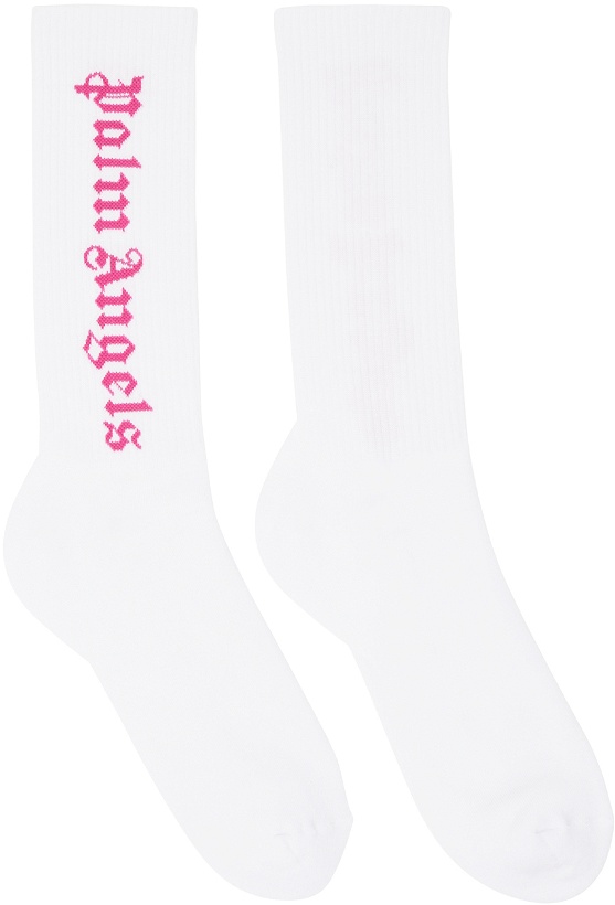 Photo: Palm Angels White & Pink Classic Logo Socks