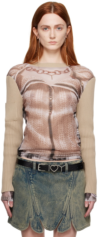 Photo: Y/Project Beige Jean Paul Gaultier Edition Trompe L'Oeil Ruffle Cardigan Long Sleeve T-Shirt