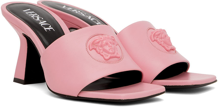 激安VERSACE ピンク メドューサ　スクエアトゥ エナメルミュール 新品 Versace Pink Medusa Mid-Heel Mules Versace