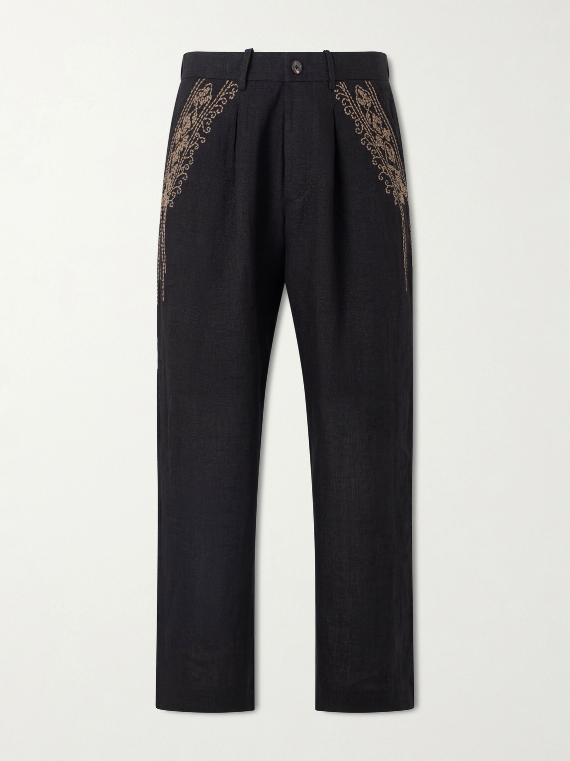 Kartik Research - Straight-Leg Zardozi Embroidered Pleated Linen Trousers - Black