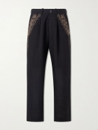 Kartik Research - Straight-Leg Zardozi Embroidered Pleated Linen Trousers - Black