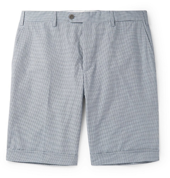 Photo: Brioni - Micro-Checked Cotton and Silk-Blend Shorts - Green