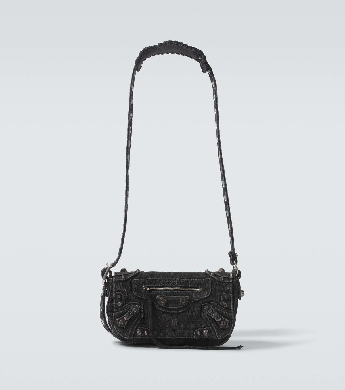 バレンシアガ LE CAGOLE XS FLAP BAG DENIM BLACK WASHED DENIM BALENCIAGA Le Cagole XS Washed-Denim Shoulder Bag | endource