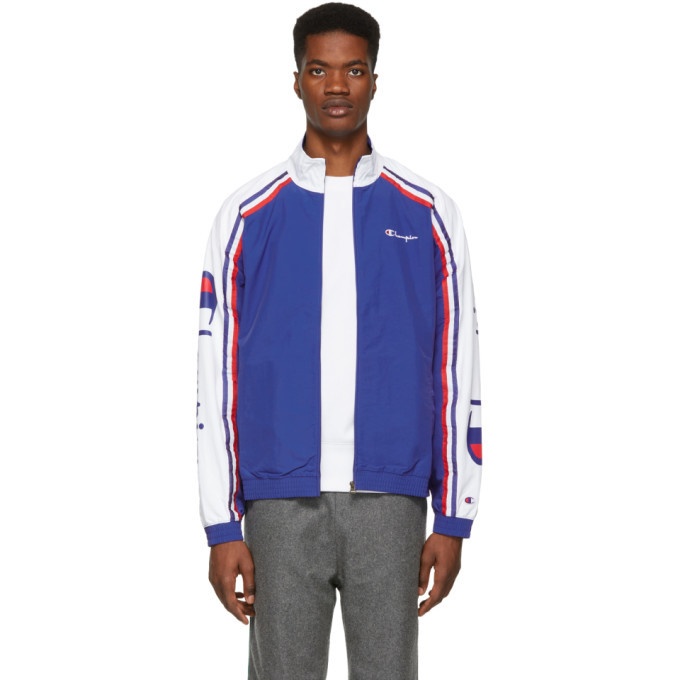 Photo: Champion Reverse Weave Blue and White Striped Zip Track Jacket