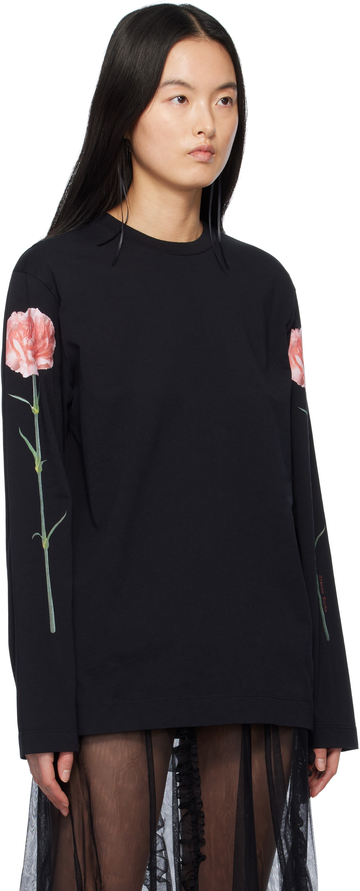 Simone Rocha Black Carnation Print Long Sleeve T-shirt Simone Rocha