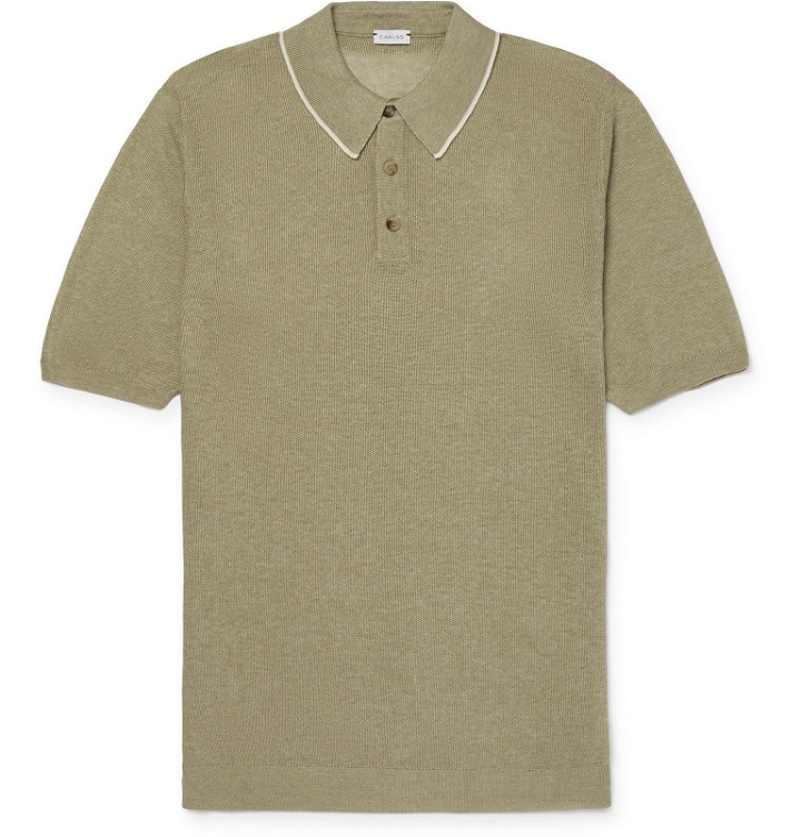 Photo: Caruso - Contrast-Tipped Knitted Silk and Linen-Blend Polo Shirt - Green