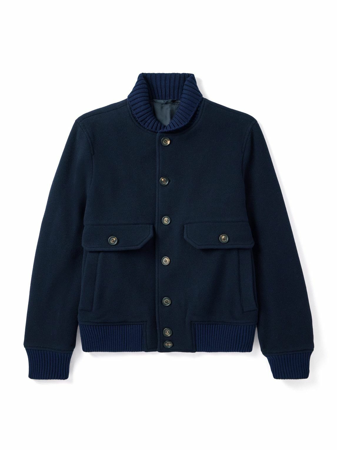 Eleventy - Slim-Fit Ribbed-Knit Trimmed Wool-Blend Bomber Jacket - Blue