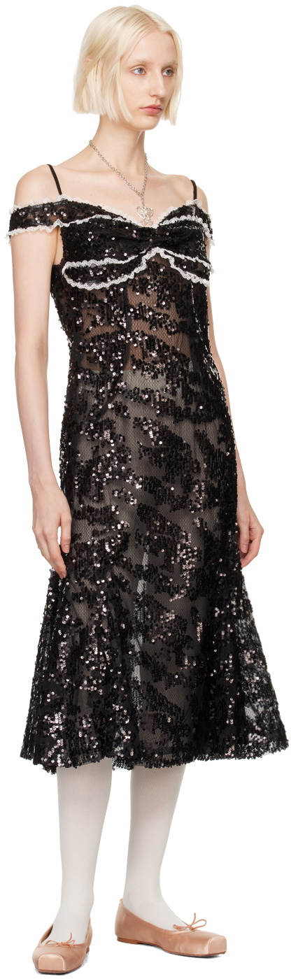 Yuhan Wang Black Off Shoulder Sequin Midi Dress