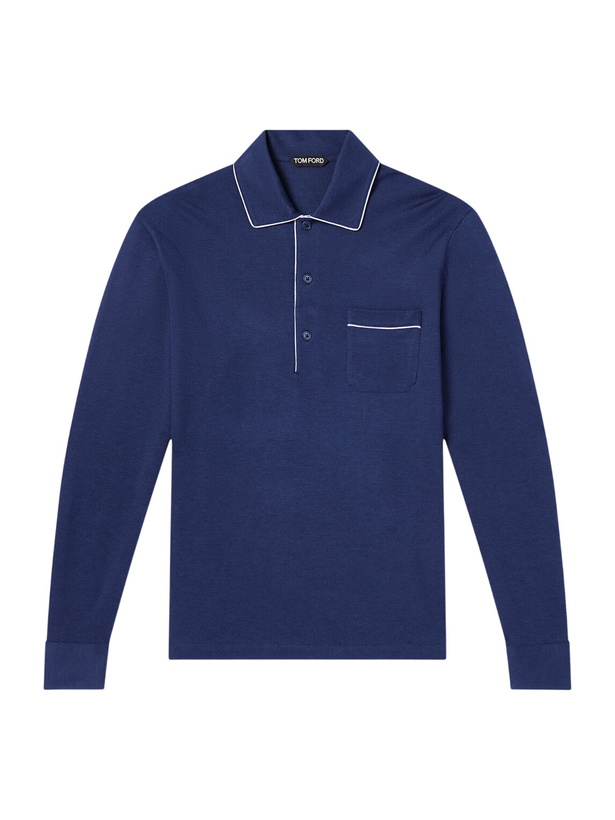 Photo: TOM FORD - Piped Silk and Cotton-Blend Piqué Polo Shirt - Blue