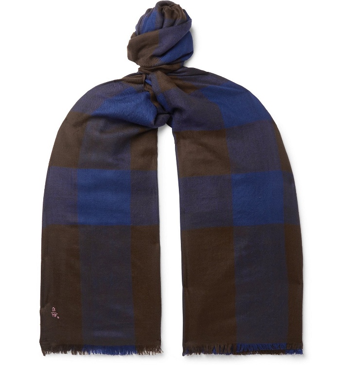 Photo: Anderson & Sheppard - Fringed Checked Cashmere Scarf - Blue