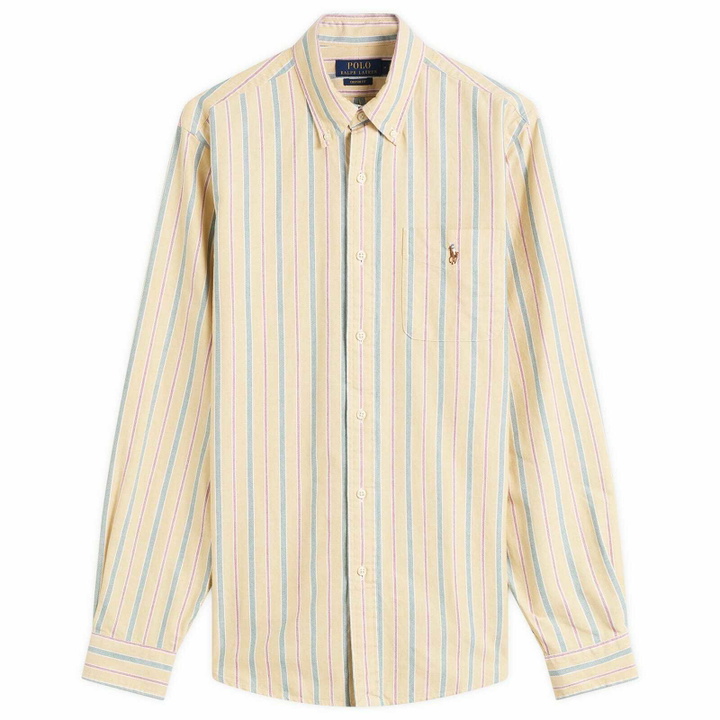 Photo: Polo Ralph Lauren Men's Button Down Stripe Oxford Shirt in Yellow Green Multi