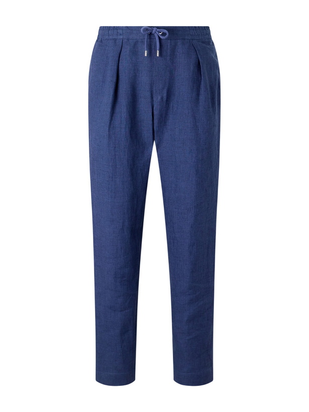 Photo: Ralph Lauren Purple label - Prince of Wales Linen Straight-Leg Pleated Drawstring Trousers - Blue