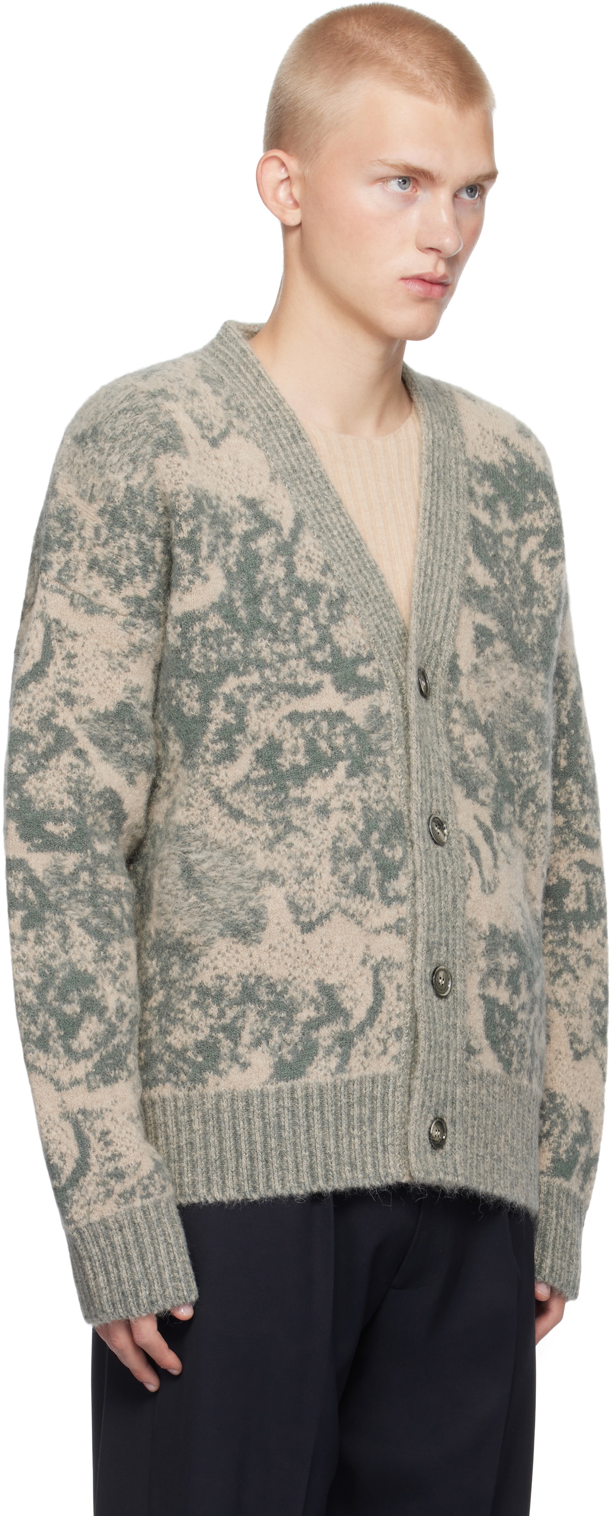 AMI Paris Beige & Green Alpaca Mohair Jacquard Cardigan AMI