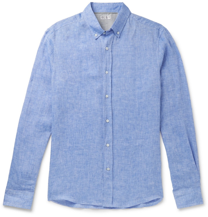 Photo: Brunello Cucinelli - Button-Down Collar Mélange Linen Shirt - Blue