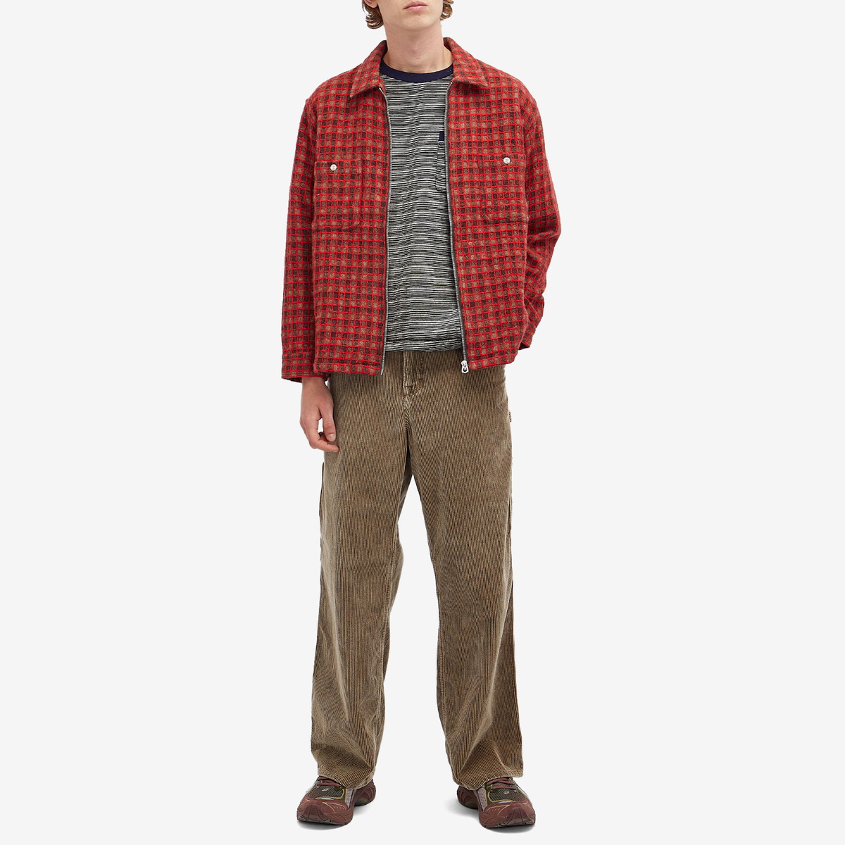 Brain Dead Men's Check Mate Flannel Zip Overshirt in Brown Brain Dead