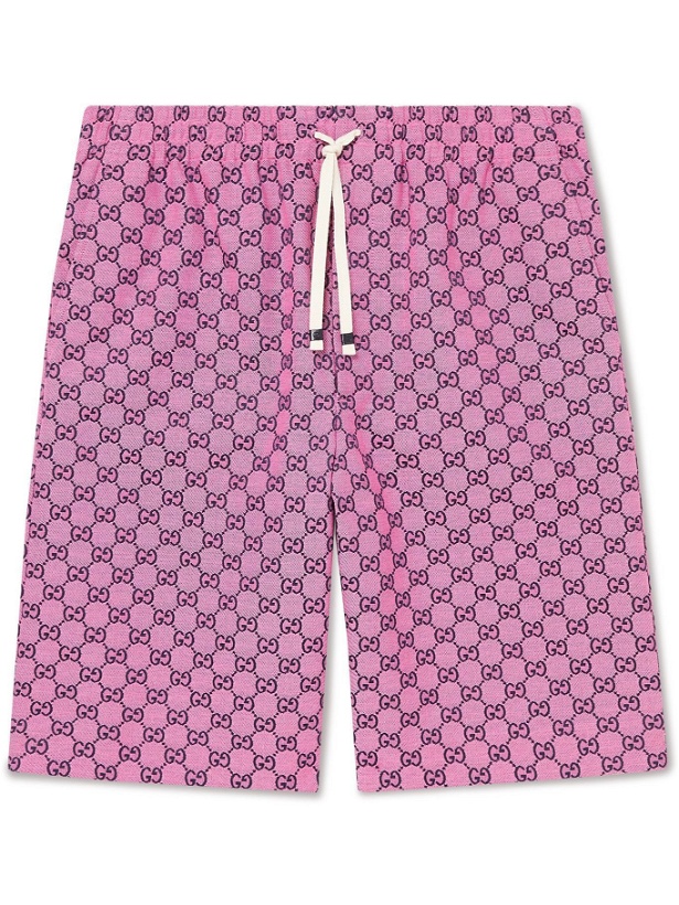 Photo: GUCCI - Wide-Leg Logo-Jacquard Cotton-Blend Canvas Drawstring Shorts - Pink