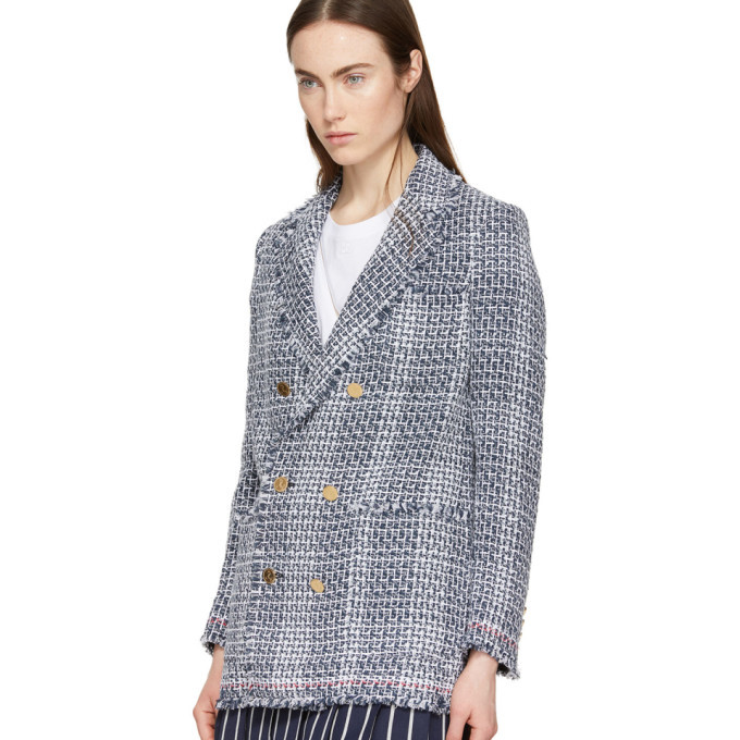 Thom Browne Navy Madras Tulle Tweed Selvedge Fray Sack Blazer Thom Browne