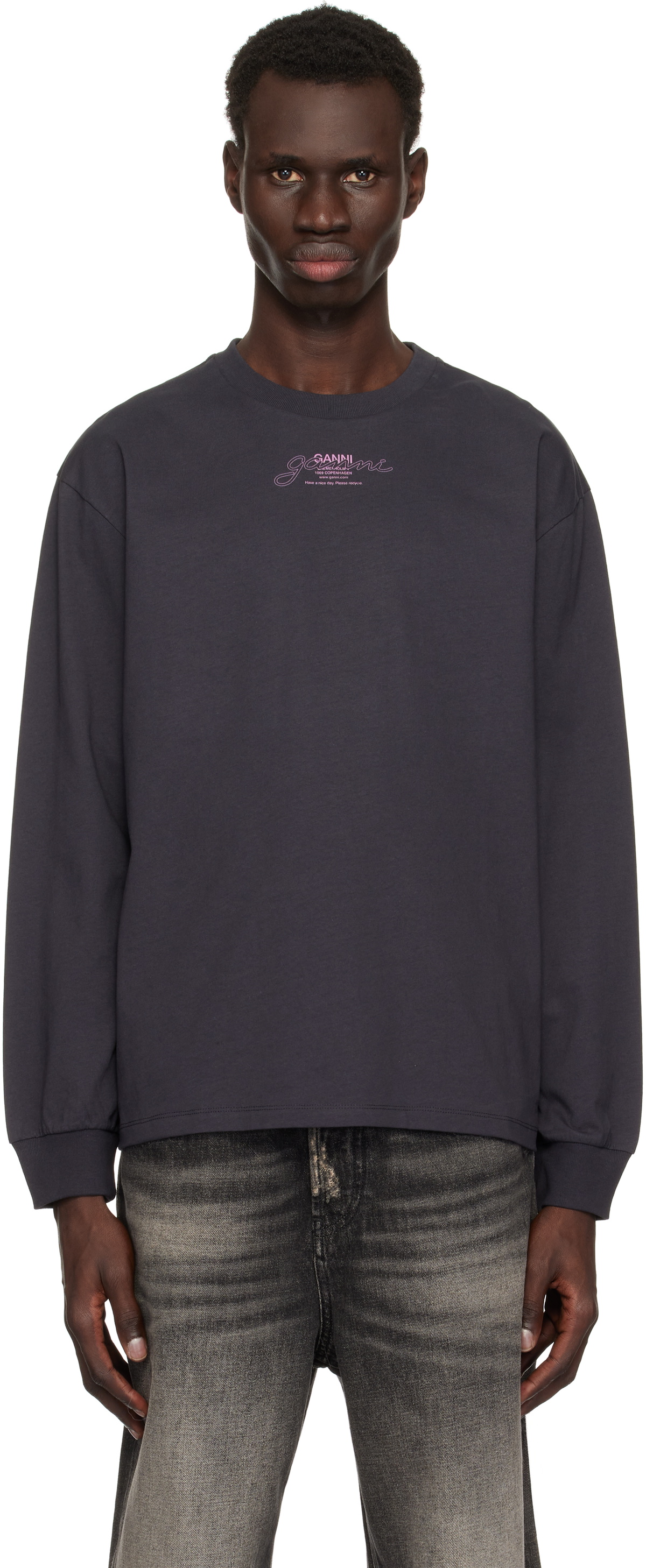 GANNI Black Heavy Cotton Drop Shoulder Heart T-shirt GANNI