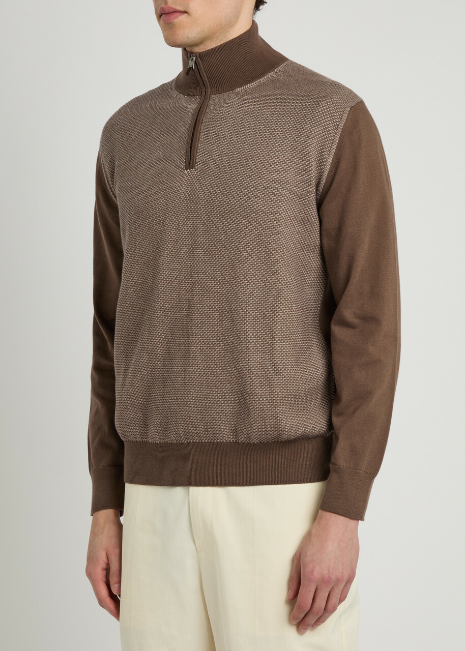 Canali Textured Half-zip Cotton Jumper Brown