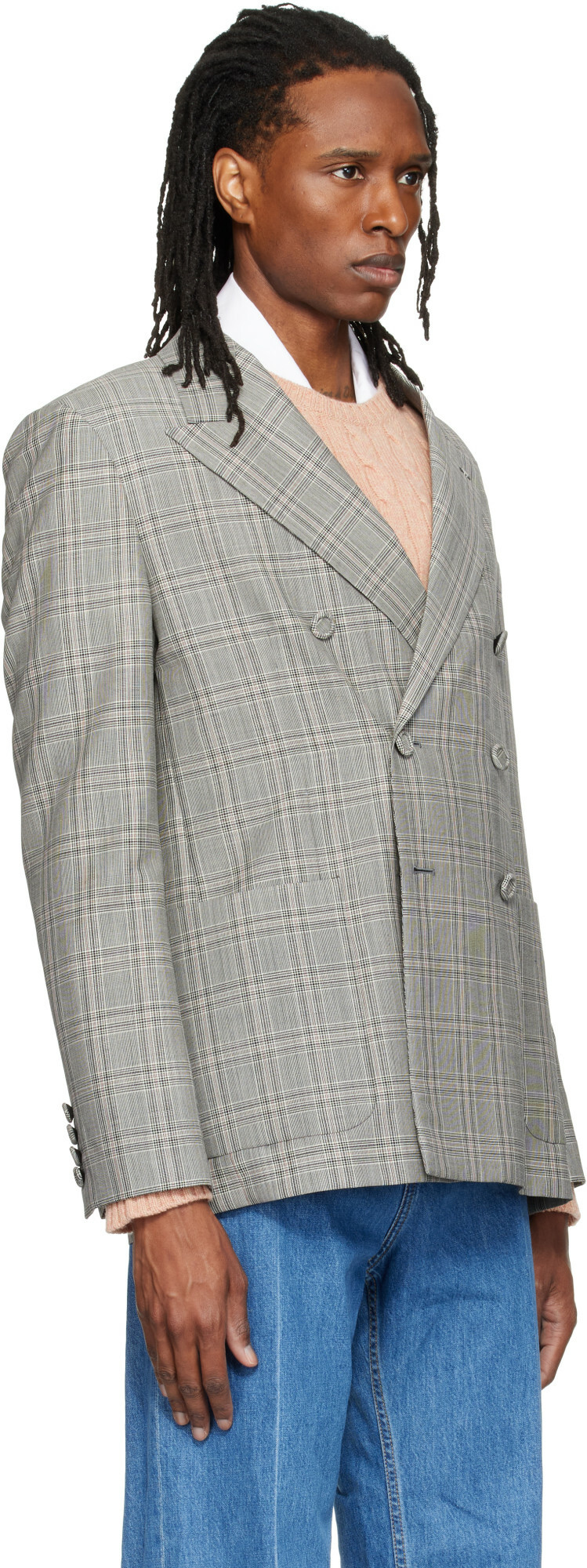 Valentino Gray Double-Breasted Mohair Wool Check Blazer