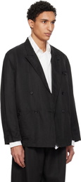 YOKE Black Linen Silk Kersey Double Breasted Blazer