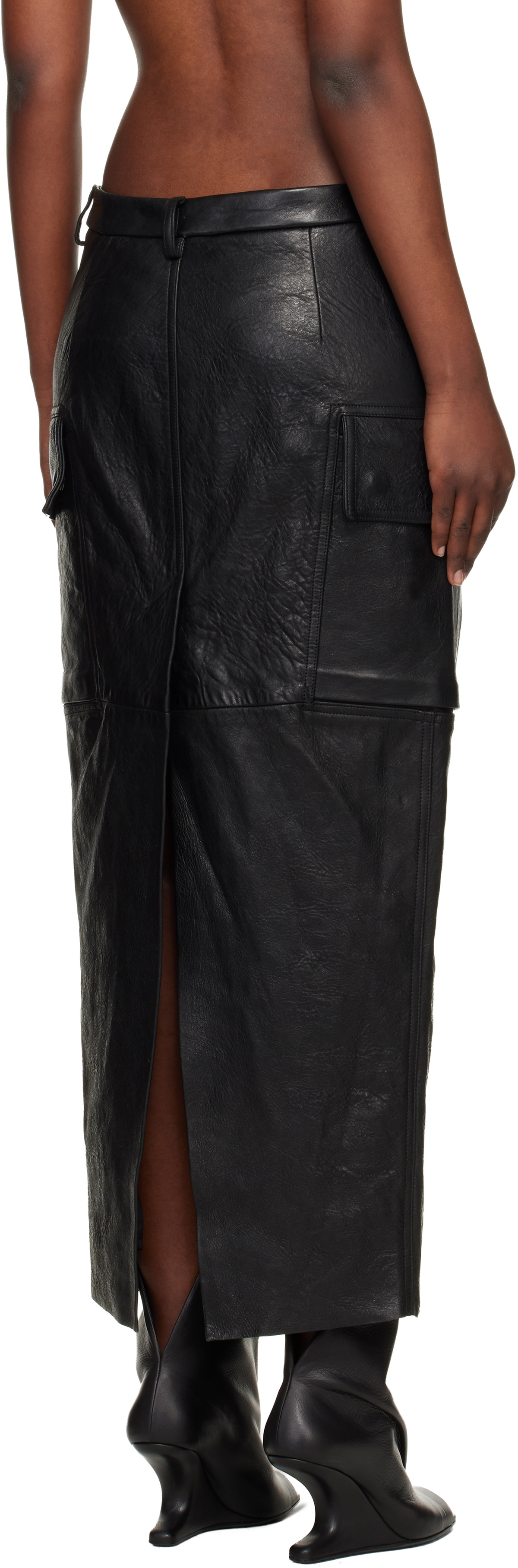 Rick Owens Black Temple Firbanks Leather Midi Skirt