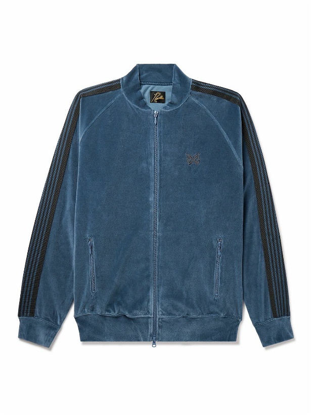 Photo: Needles - Webbing-Trimmed Logo-Embroidered Cotton-Blend Velvet Track Jacket - Blue