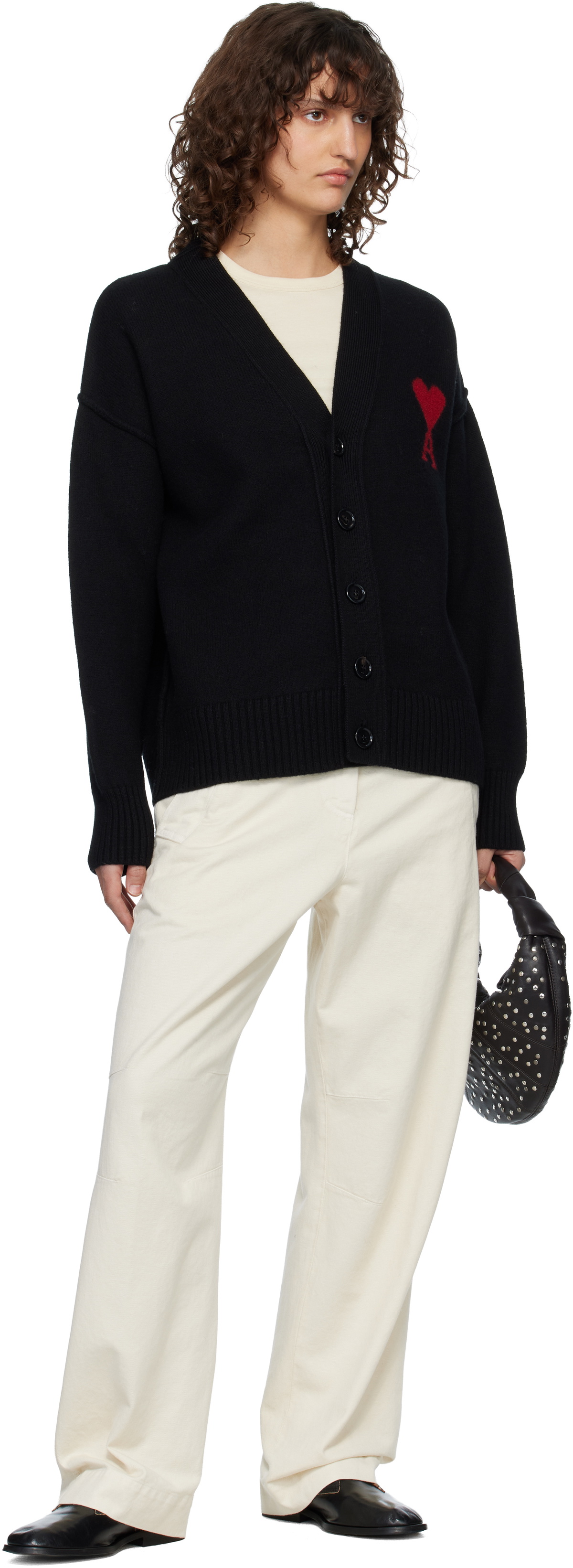 AMI Paris Black Wool Ami de Coeur Cardigan