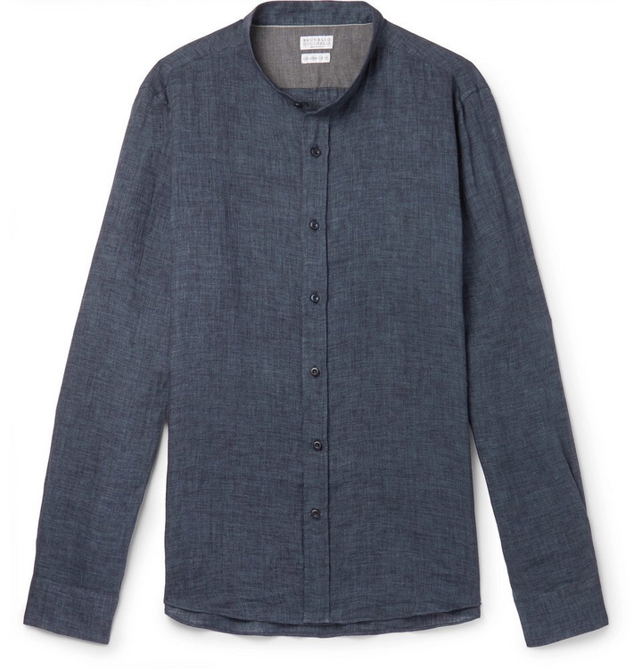 Photo: Brunello Cucinelli - Grandad-Collar Linen Shirt - Men - Navy