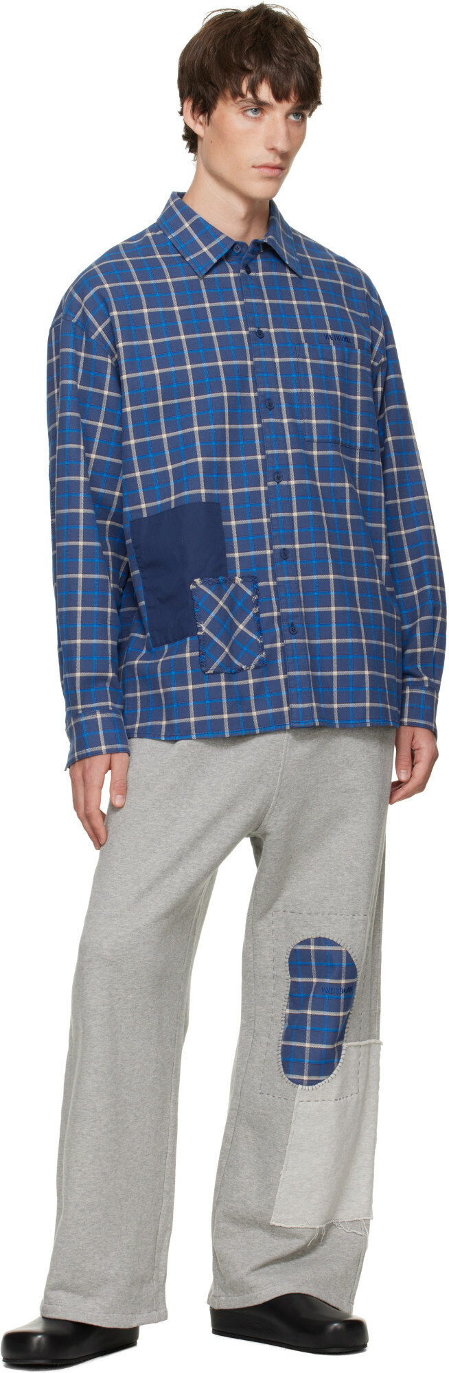 We11done Blue Repaired Checked Shirt