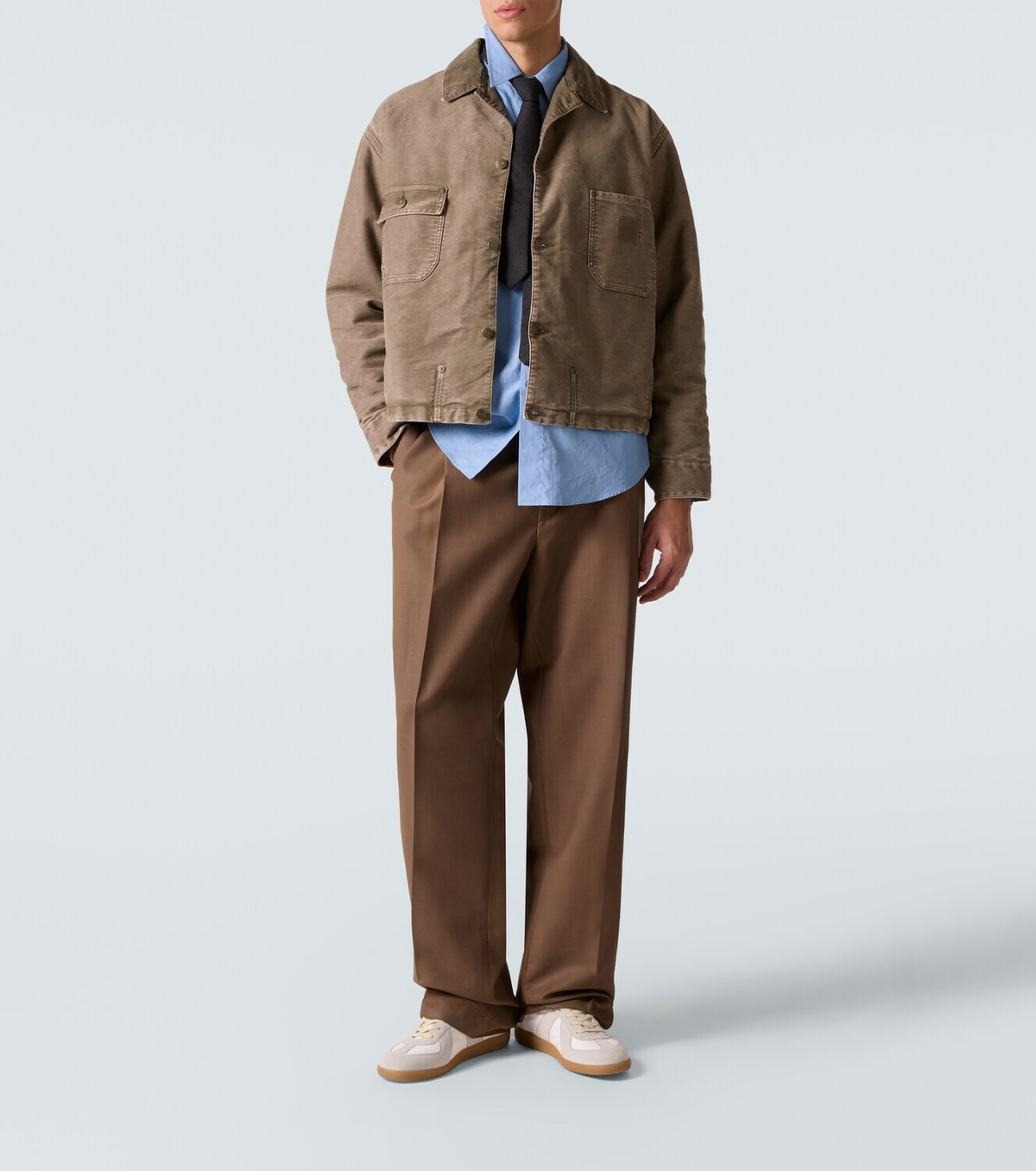 Maison Margiela Corduroy-trimmed distressed denim jacket