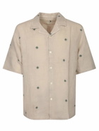 120% Lino Beige Linen Shirt With Green Embroidery