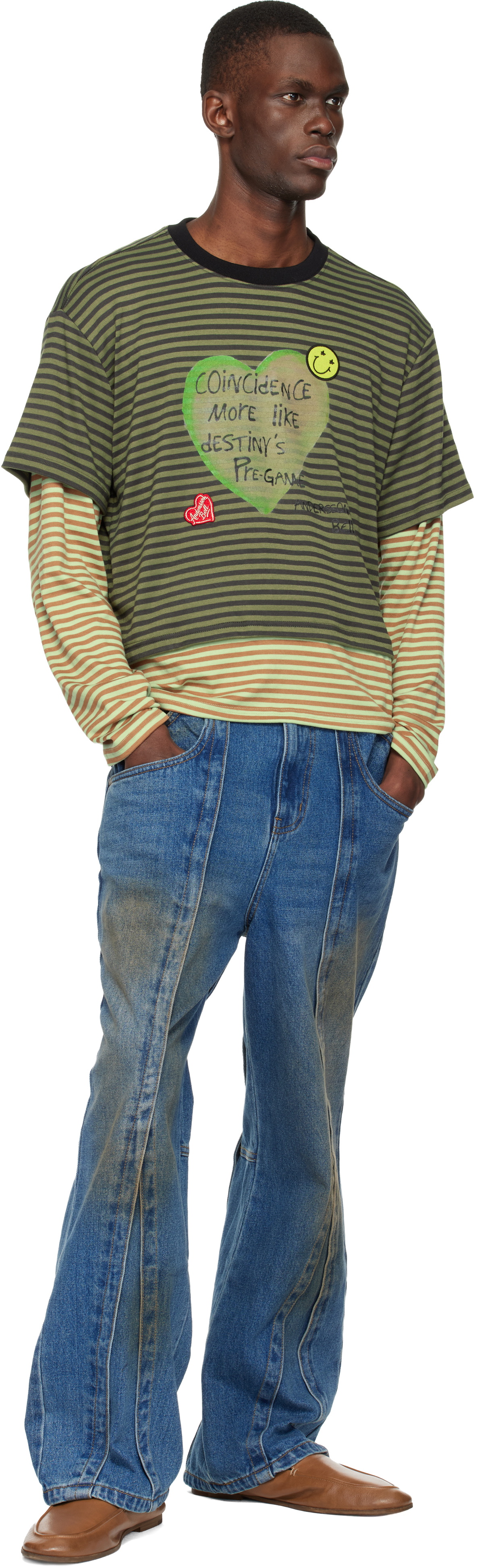 Andersson Bell Khaki Essential Heart Message Stripe Layered LS T-shirt