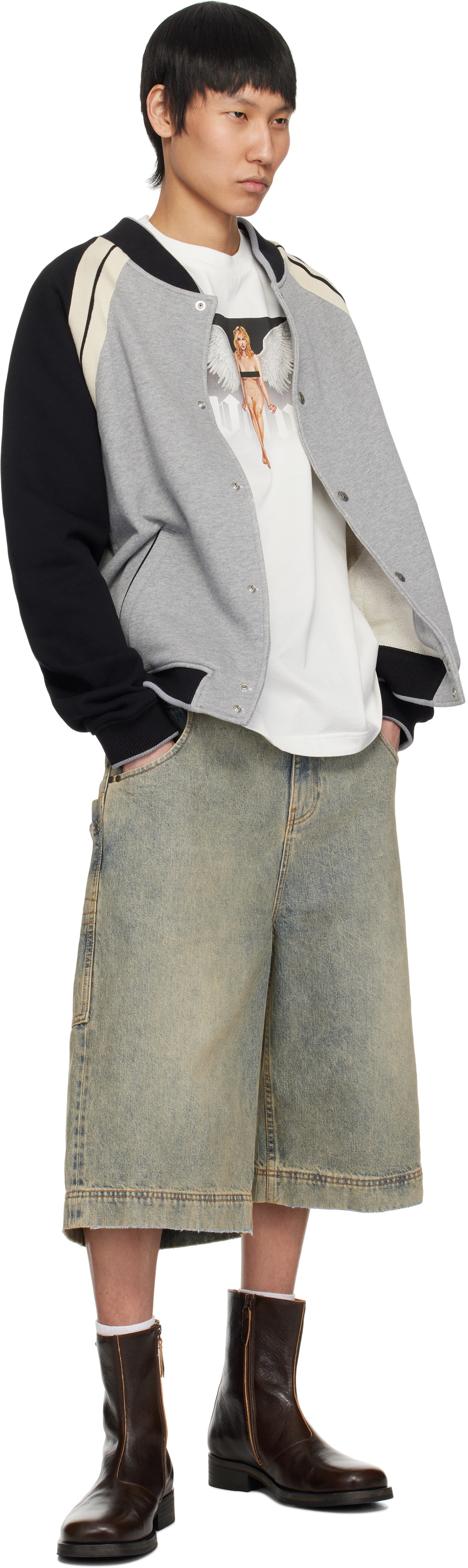Palm Angels Gray Curved Logo Varsity Bomber Jacket