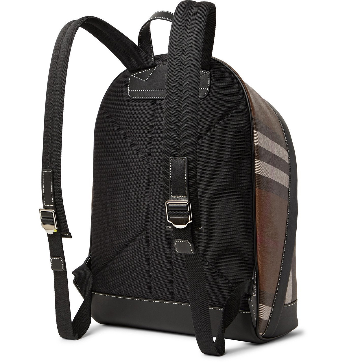 burberry canvas check leather trim backpack BURBERRY - Leather-Trimmed Checked Coated-Canvas Backpack