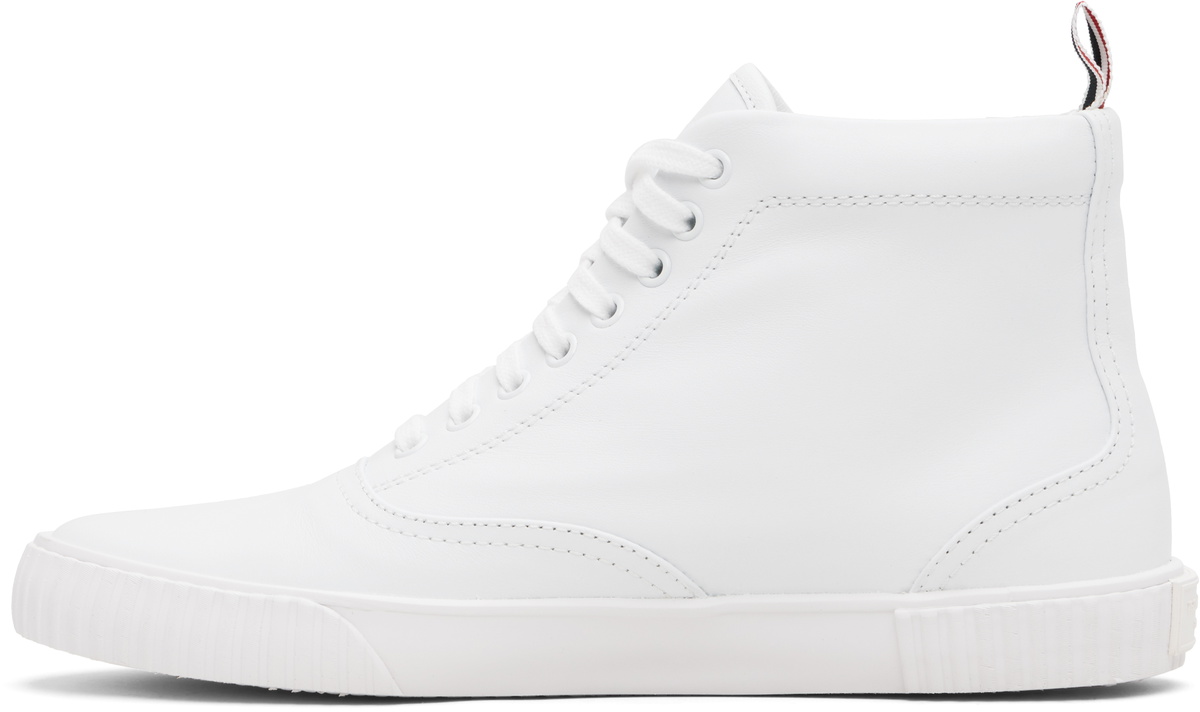 Thom Browne White Vitello Calf Leather High Top Heritage Sneakers