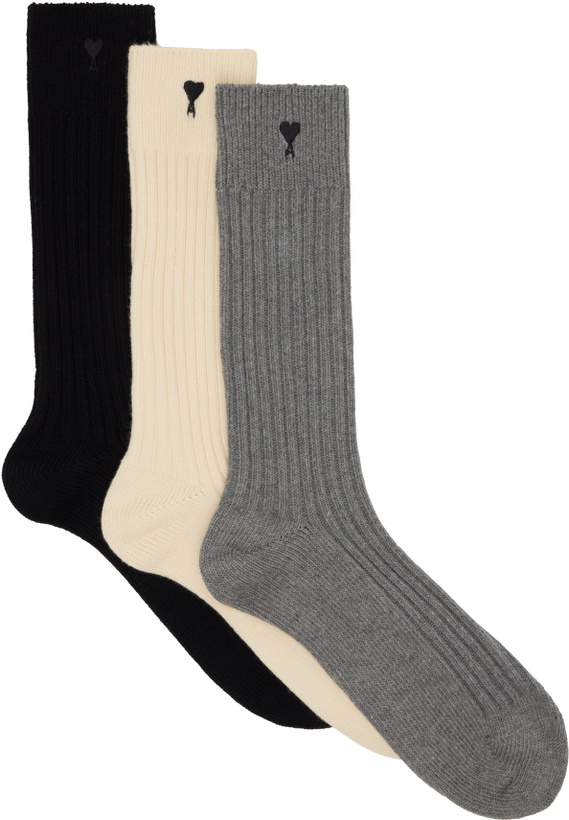 Photo: AMI Paris Three-Pack Multicolor Cotton Ami de Coeur Socks