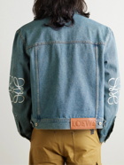 LOEWE - Anagram Leather-Trimmed Cutout Denim Trucker Jacket - Blue