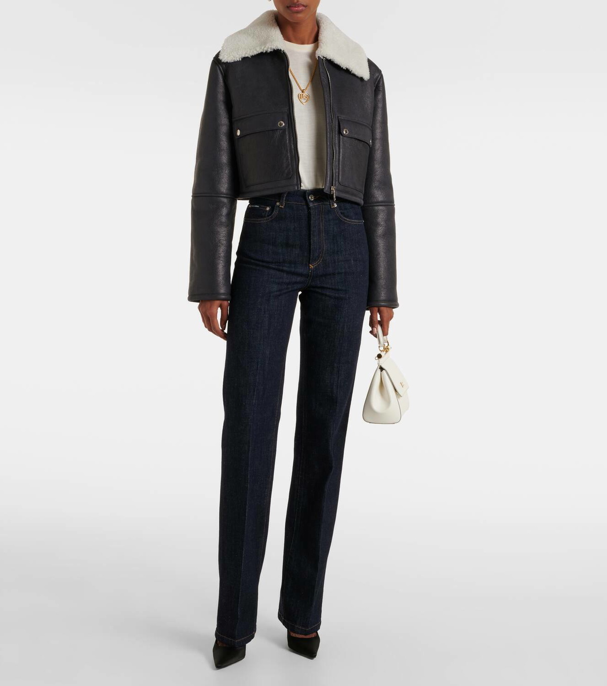 Dolce&Gabbana Shearling-trimmed cropped leather jacket