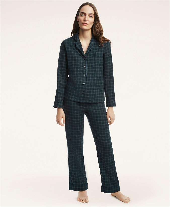 Photo: Brooks Brothers Women's Brushed Cotton Black Watch Pajama Set | Navy/Green