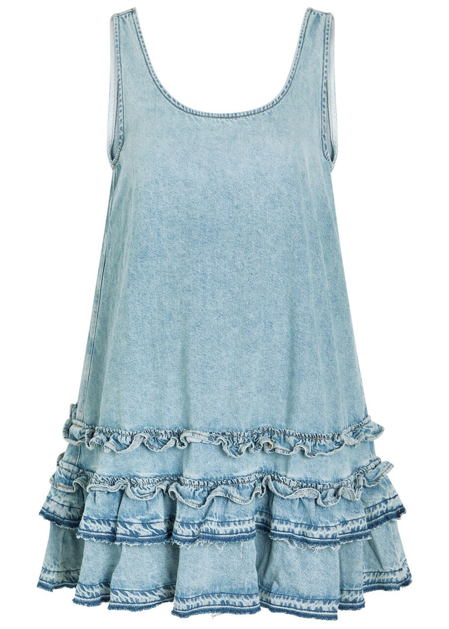 Ganni Frill Denim Mini Dress Light Blue