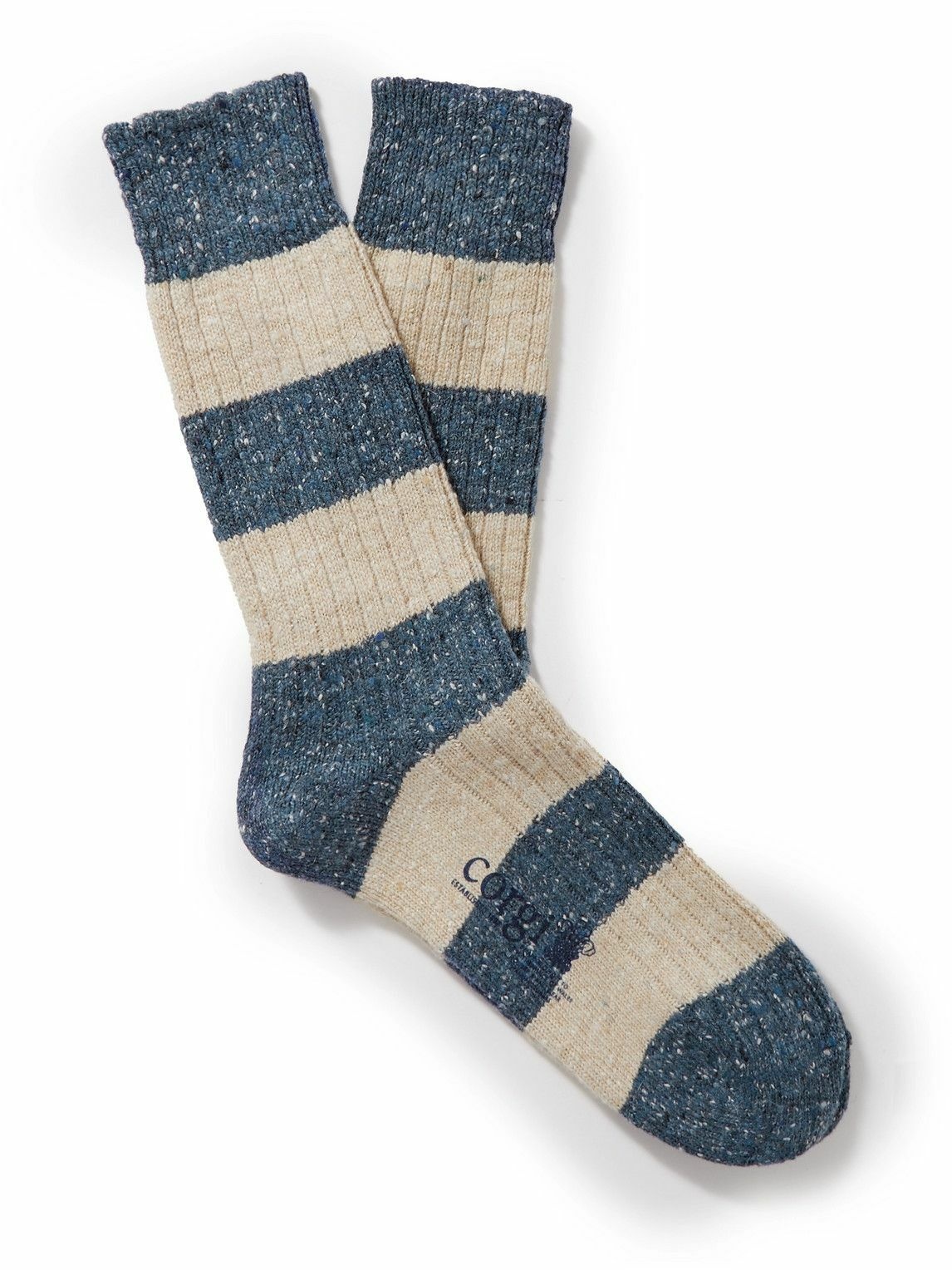 Photo: Corgi - Striped Ribbed Merino Wool-Blend Socks - Blue