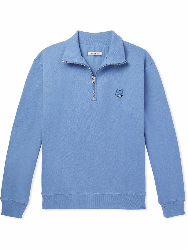 Photo: Maison Kitsuné - Logo-Appliquéd Cotton-Jersey Half-Zip Sweatshirt - Blue